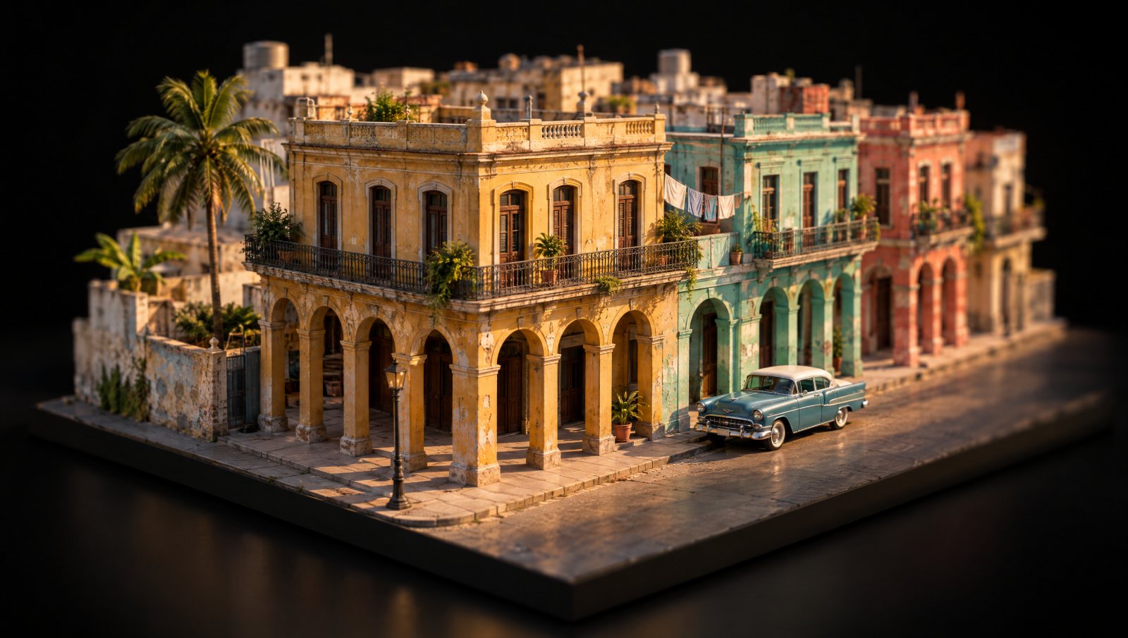 Esquina de La Habana en miniatura: arcadas coloniales, fachadas de colores y un auto antiguo.
